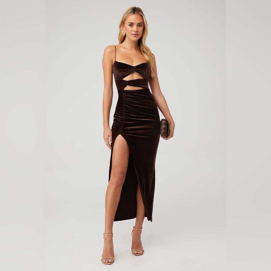 Nookie Verve Maxi Velvet Dress Truffle Brown Cutout Size M